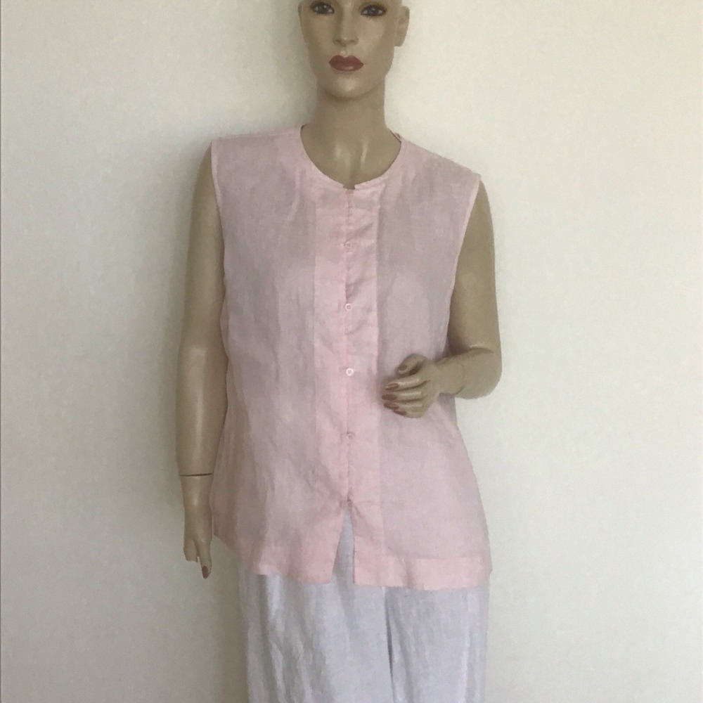 Go Silk Pastel Light Pink 100% Linen Button Front SL Tank Top Shirt XL